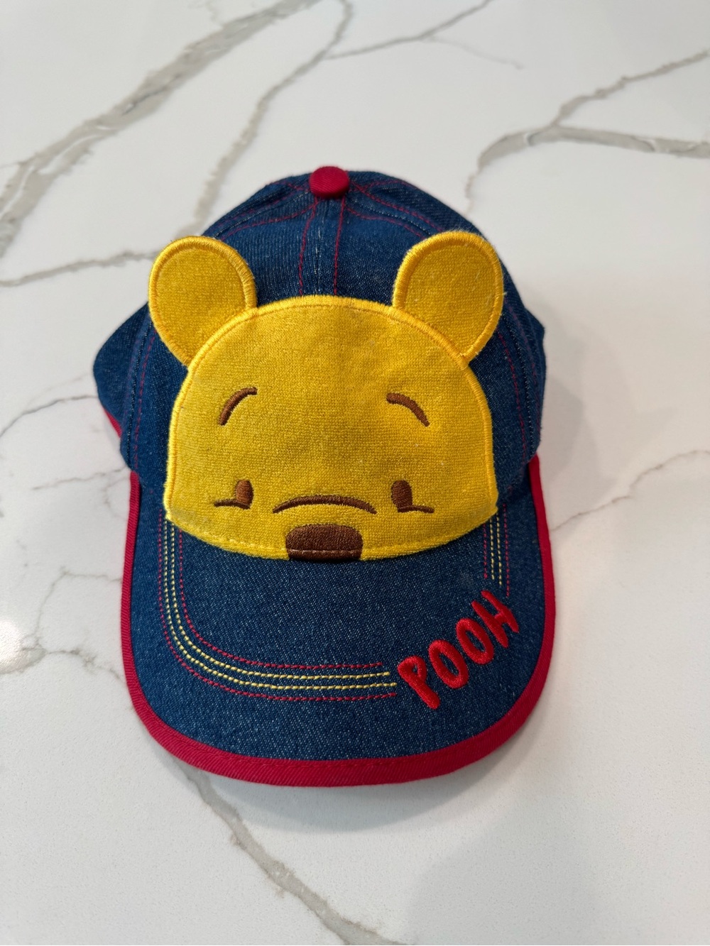 Vintage Disney Yellow Pooh Face Denim Cap with Red Trim